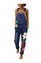 Casual Big Flower Embroidery Pockets Denim Jumpsuit