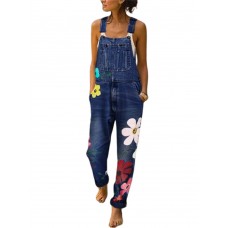 Casual Big Flower Embroidery Pockets Denim Jumpsuit