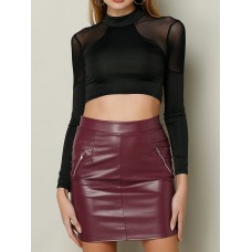 Mesh Patchwork Long Sleeve Stand Collar Women Crop Top