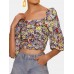 Vintage Floral Print Square Collar Puff Sleeve Crop Tops