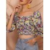 Vintage Floral Print Square Collar Puff Sleeve Crop Tops