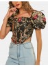 Vintage Ethnic Floral Print Square Collar Puff Sleeve Irregular Crop Top