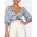 Sexy Floral Printed Long Sleeve V-neck Crop Tops