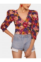 Vintage Floral Printed V-neck Bishop Half Sleeve Crop Tops