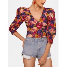 Vintage Floral Printed V-neck Bishop Half Sleeve Crop Tops