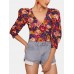 Vintage Floral Printed V-neck Bishop Half Sleeve Crop Tops