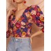 Vintage Floral Printed V-neck Bishop Half Sleeve Crop Tops