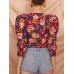 Vintage Floral Printed V-neck Bishop Half Sleeve Crop Tops