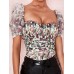 Short Puff Sleeve Floral Printed Scoop Neck Crop Tops