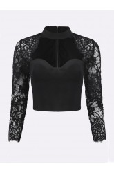 Sexy Lace Patchwork Bodycon Long Sleeve Women Crop Tops