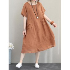 Crew Neck Short Sleeve Soild Color Casual Dress