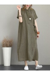 Vintage Turn-down Collar Side Pocket Drawstring Dress