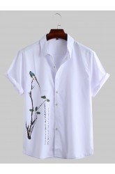 Mens Chinese Painting Print Turndown Collar Short Sleeve Casual Shirt