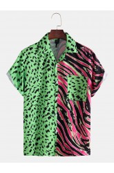 Mens Leopard Print & Zebra Stripe Patchwork African Animal Stripe Short Sleeve Shirt