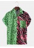Mens Leopard Print & Zebra Stripe Patchwork African Animal Stripe Short Sleeve Shirt