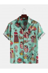 Mens Funny Cartoon Printed Chest Pocket Turn Down Collar Short Sleeve Shirts
