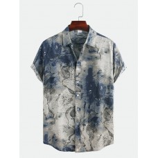 Mens Chinese Style Abstract Printing Short Sleeve Loose Casual Shirts