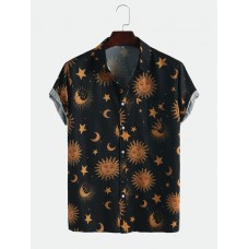 Mens Funny Cartoon Pocket Sun Image Printed Short Sleeve Shirts