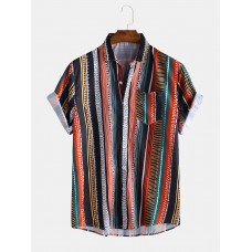 Mens Multi Color Stripe Chest Pocket Breathable Short Sleeve Shirts