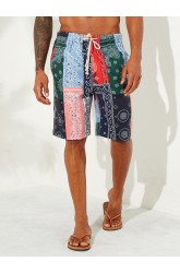 Mens Ethnic Style Printing Thin Patchwork Design Quick Dry Knee Length Casual Shorts