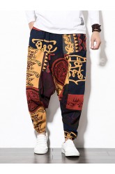 Mens Cotton Linen Ethic Hip Hop Wide Leg Loose Baggy Harem Pants