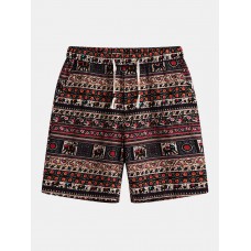 Mens Ethnic Printing Drawstring Elastic Waist Casual Straight Shorts