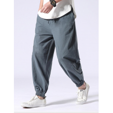 Mens Casual Solid Loose Elastic Waist Harlan Pants Retro Cotton Pants