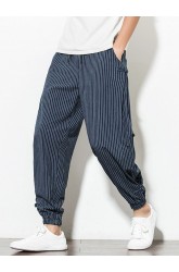 Mens Cotton Linen Side Panel Buckle Plain Stripe Drawstring Harem Pants