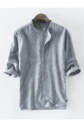 Mens Cotton Striped Printed Half Sleeve Loose Casual Henley Shirt