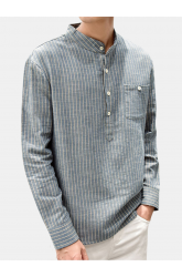 Mens Casual Loose Fit T-Shirts Cotton Linen Long Sleeve Vertical Striped Printing Stand Collar Tops