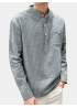 Mens Casual Loose Fit T-Shirts Cotton Linen Long Sleeve Vertical Striped Printing Stand Collar Tops