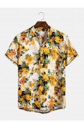 Mens Vacation Style Tropical Floral Printed Stand Collar Short Sleeve Henley Shirt